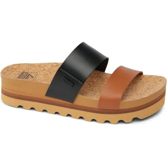 Women's Slide Sandal Black Duo Open Toe Slip-on Platform Heel Double Strap - Picture 2 of 7